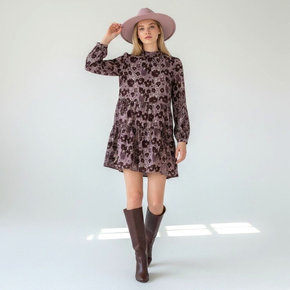 NWT Roolee Women's Bloomwood Mauve Floral Drop Waist Long Sleeve Midi Dress - M